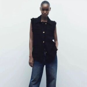 Zara Waistcoat Black Textured Vest With Frayed Trims